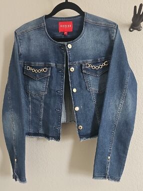Guess Blue Denim Cropped Jacket with Gold Chain Accents